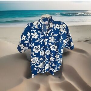 Blue & White Hawaiian Floral Button-Up Shirt XL